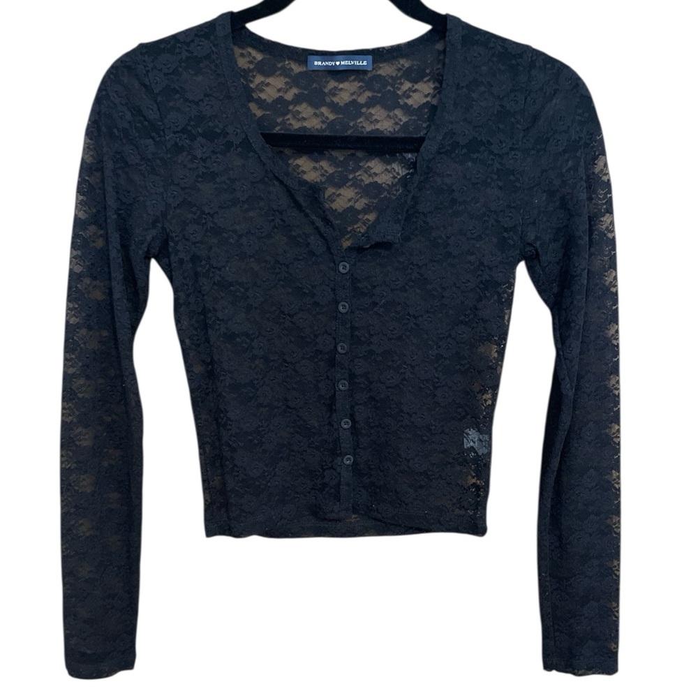 BRANDY MELVILLE Black Long Sleeve Boho Lace Top w/ Full-Button, one size - Picture 3 of 5